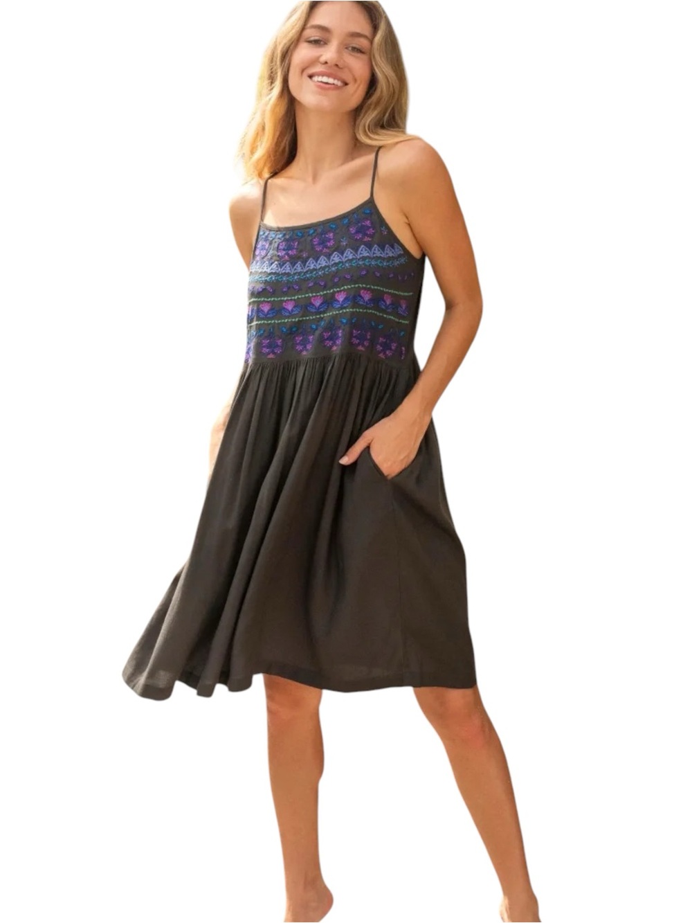 NATURAL LIFE Sara Embroidered Mini Dress Pockets Boho Folk Festival NWT Small